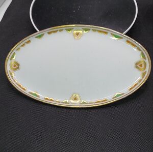 Very RARE Elegant Gold and Green Trimmed Oval Plate Dish MZ Austria